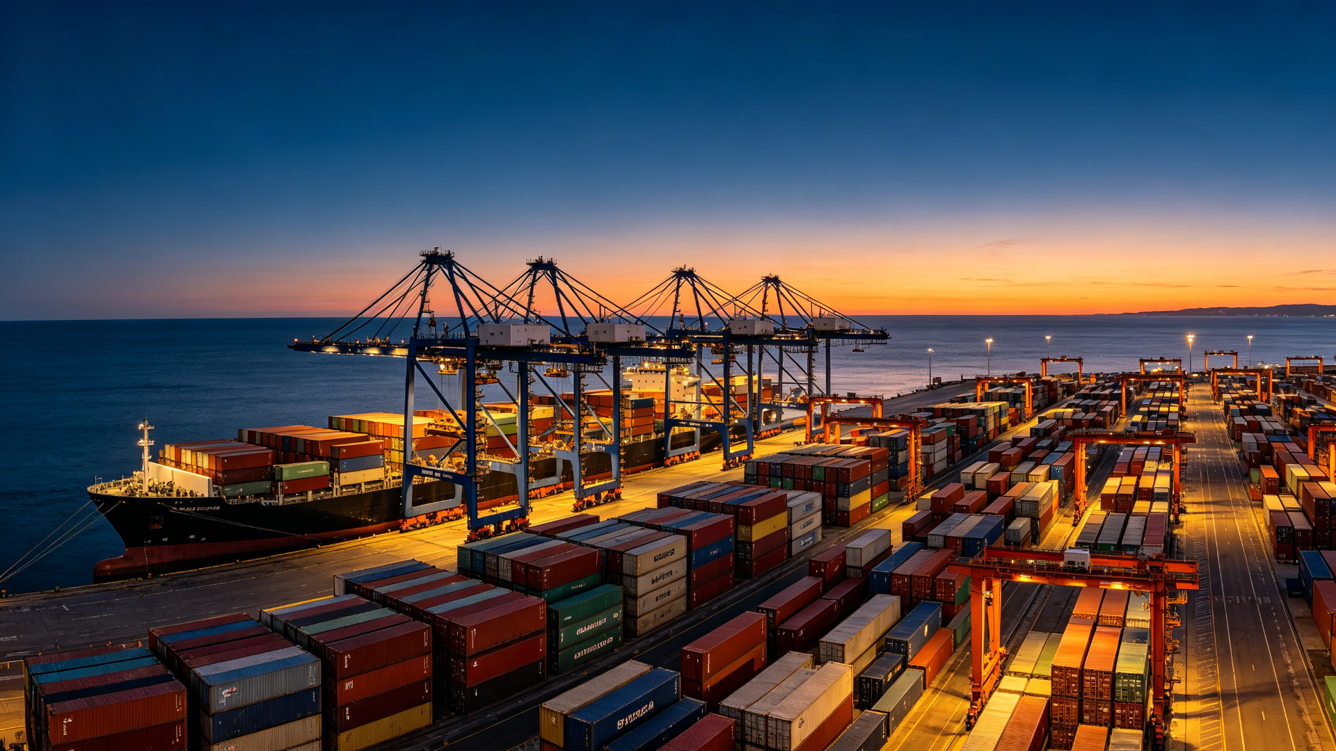 Container terminal at dusk